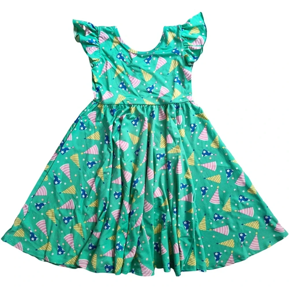 Dot Smile Girls 7 Green Birthday Hat Empire Fun Twirl Dress Polka Dot‎ Party NWT